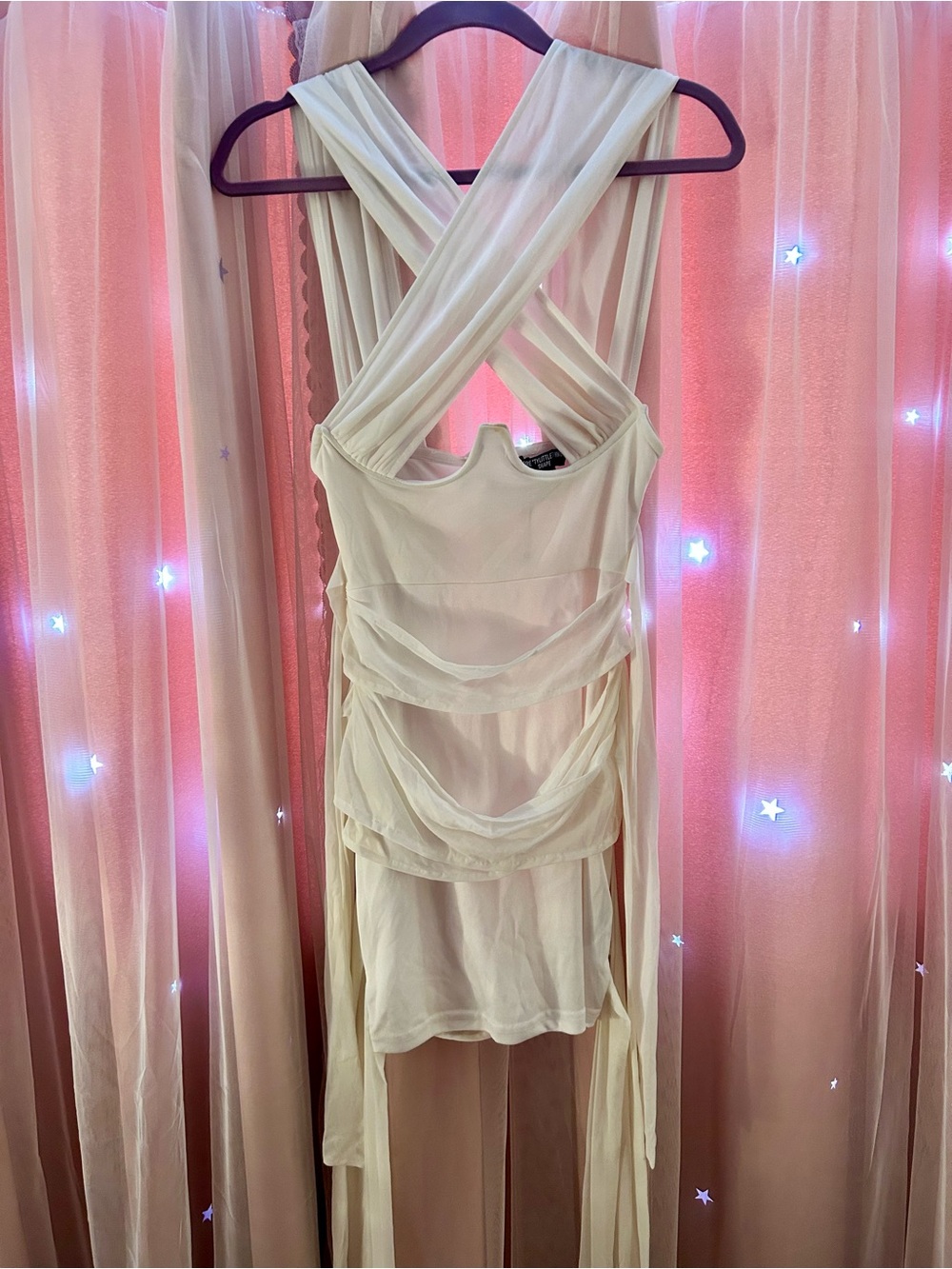 PrettyLittleThing Cream Backless Draped Strappy Dress